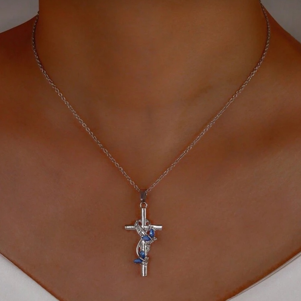 ⚠️Clearance Elegant Silver and Blue Cross Pendant Necklace